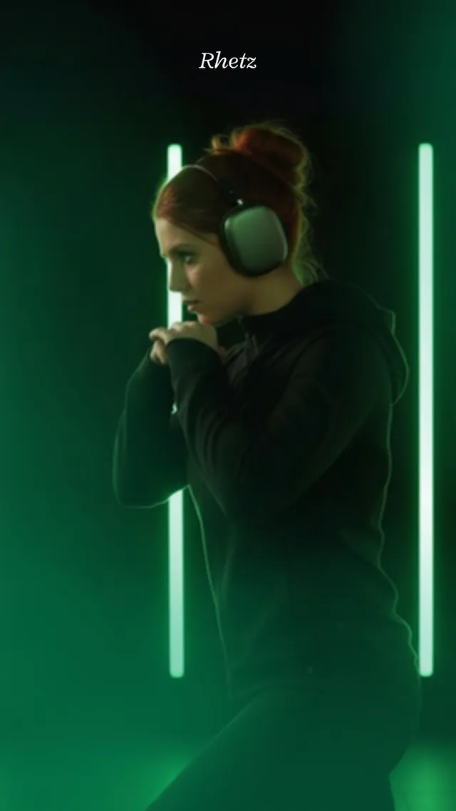 Corredora com fones em luz neon verde